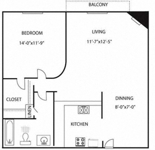 Floor plan for 1 bed, 1 bath, 695 sqft